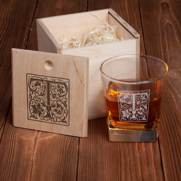 Стакан для виски в деревянной коробке "Вензель" персонализированный, фото 1, цена 440 грн